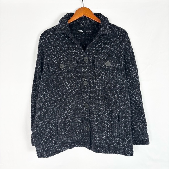Zara Jackets & Blazers - Zara Tweed Shirt Jacket Black Silver Womens Size M Button Up Shacket